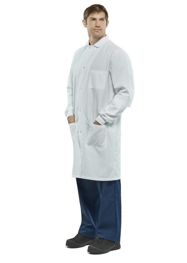 Polyester Butcher Coat with Knit Cuffs and Pockets - Front