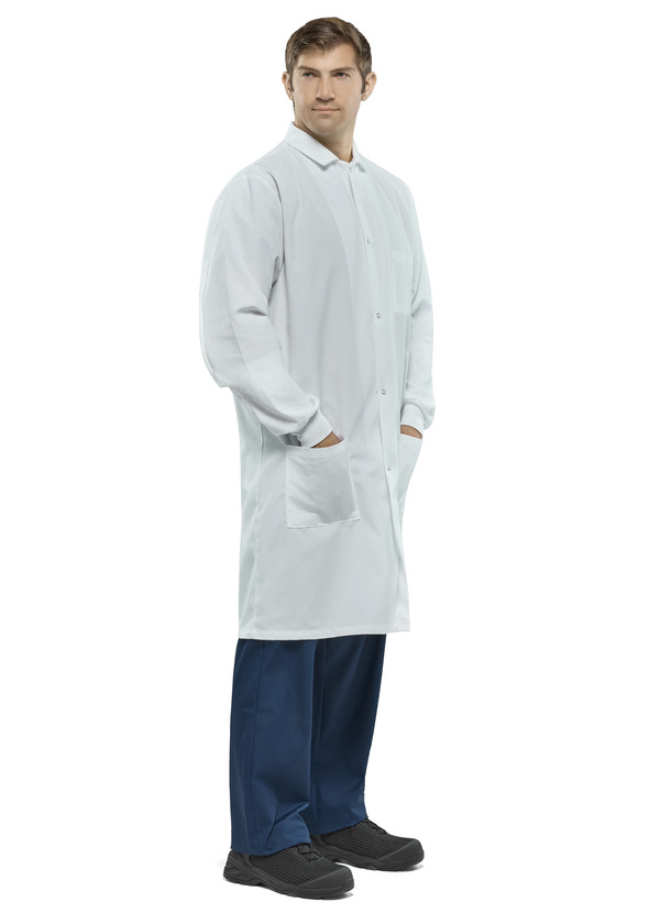 Polyester Butcher Coat with Knit Cuffs and Pockets - Front