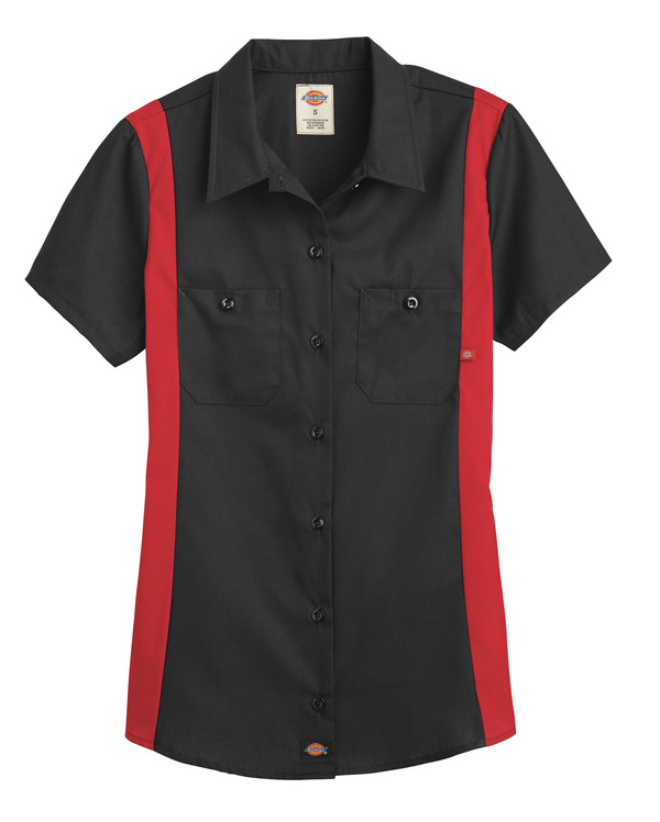 Black/English Red - Women's Short-Sleeve Industrial Color Block Shirt - Front